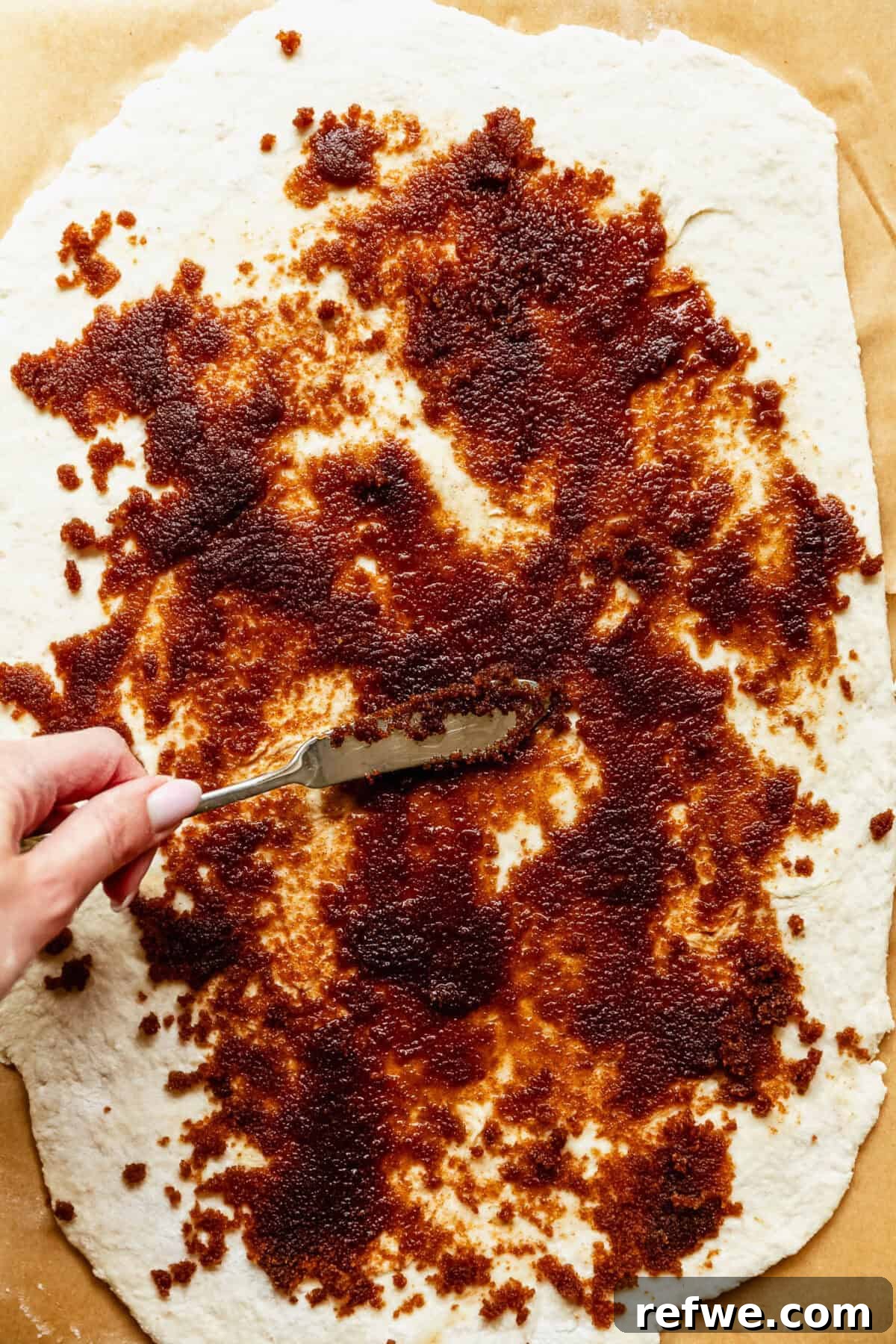 Cottage Cheese Cinnamon Rolls Recipe: Soft and Fluffy 8 spreading cinnamon roll filling onto dough.