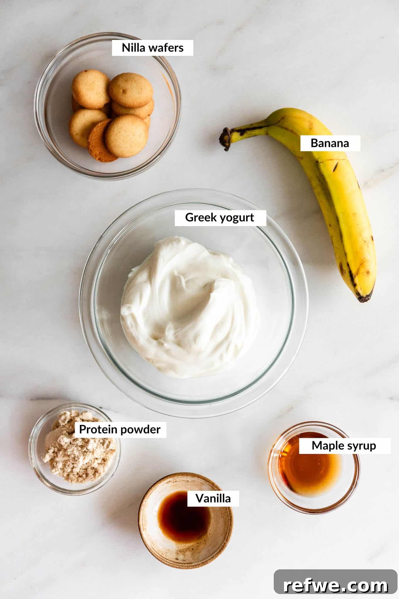 High-Protein Banana Yogurt Pudding Recipe with Greek Yogurt 3 Ingredients for high protein banana pudding including Greek yogurt, banana, and vanilla pudding mix.