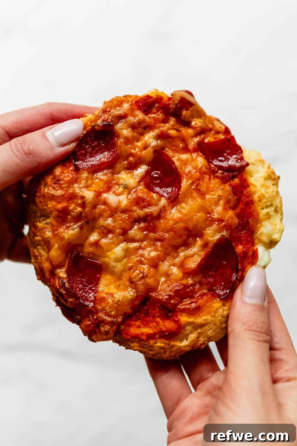 Two hands holding a cottage cheese pizza bun.