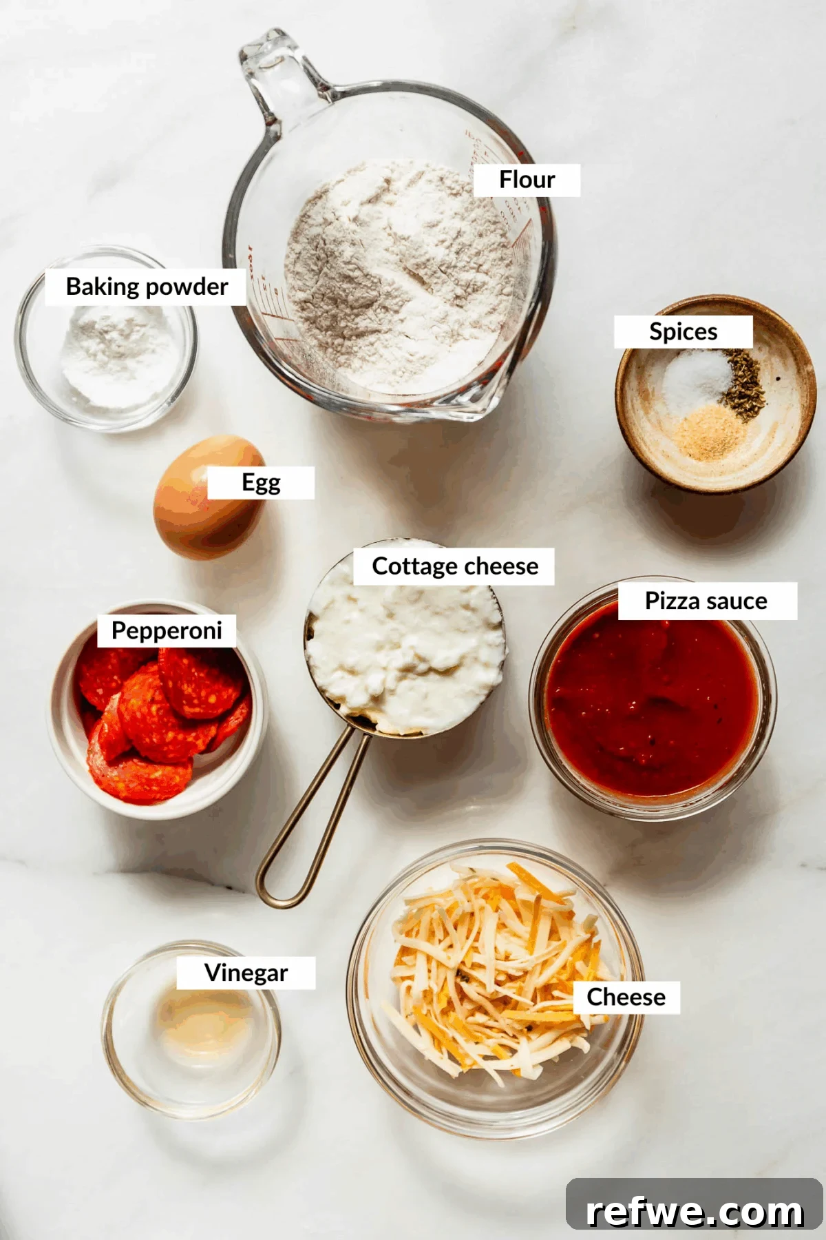 ingredients for cottage cheese pizza buns.