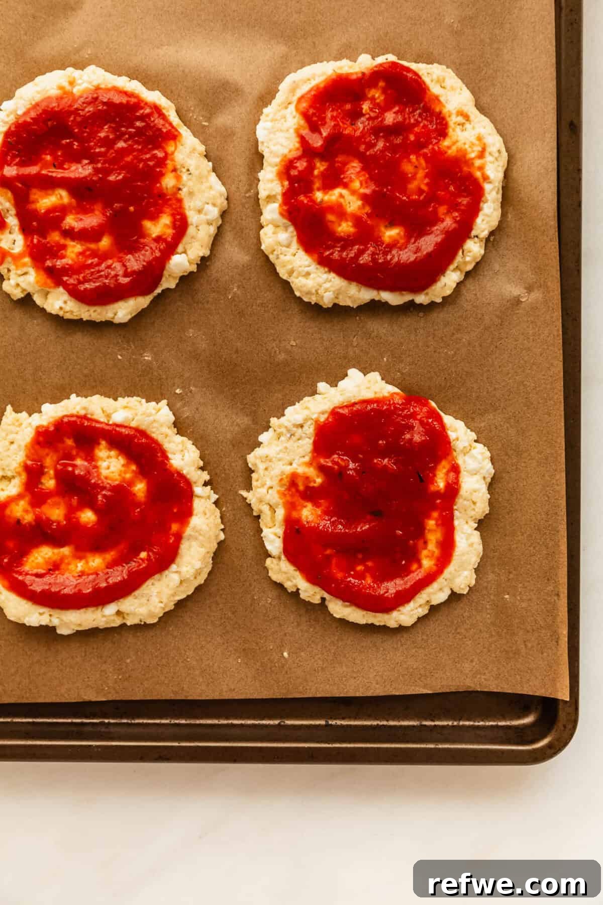 cottage cheese buns topped with pizza sauce on a baking sheet.