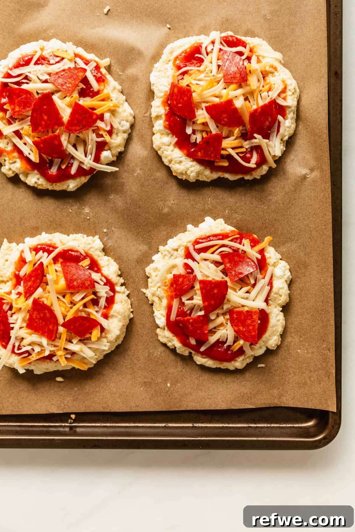 unbaked cottage cheese pizza buns on a baking sheet.