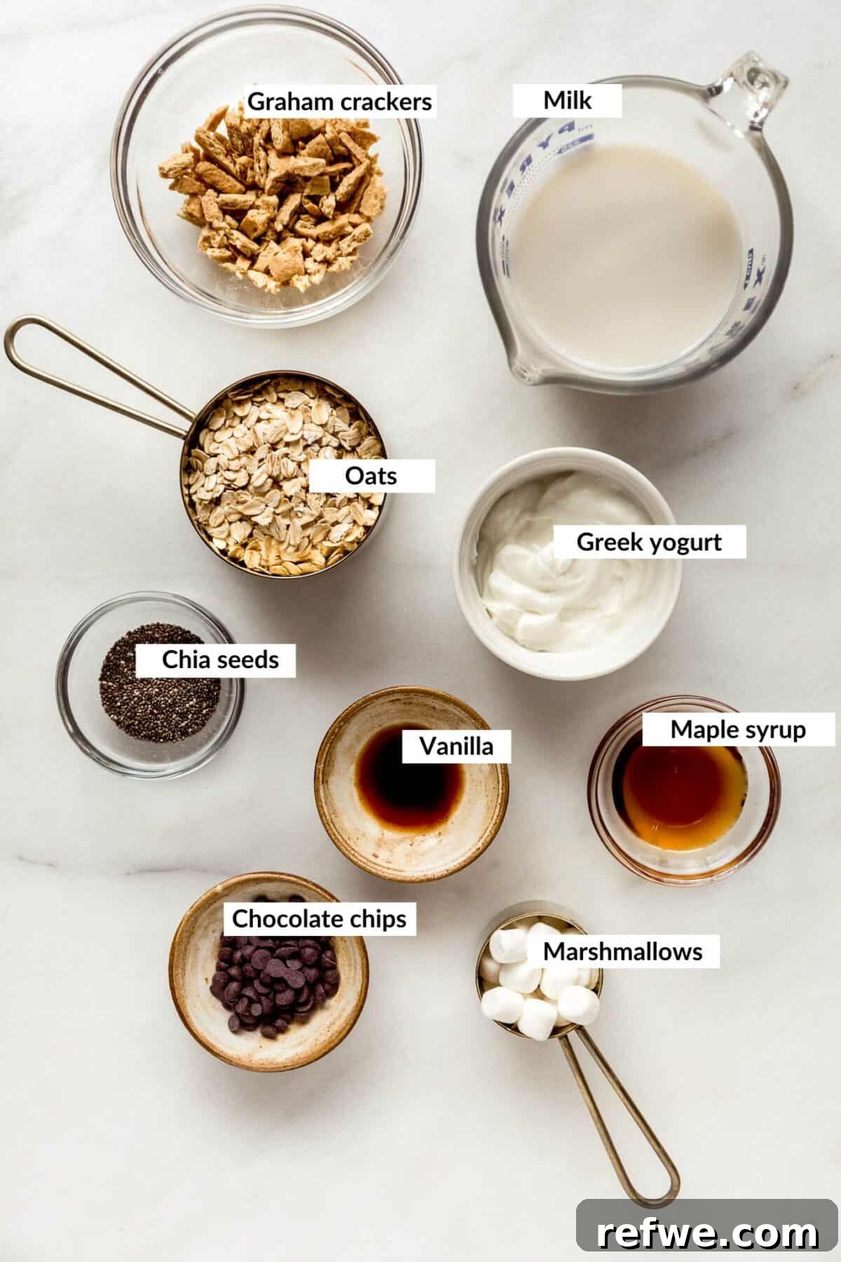 S'mores Overnight Oats with Chocolate and Marshmallow 3 Ingredients to make smores overnight oats.