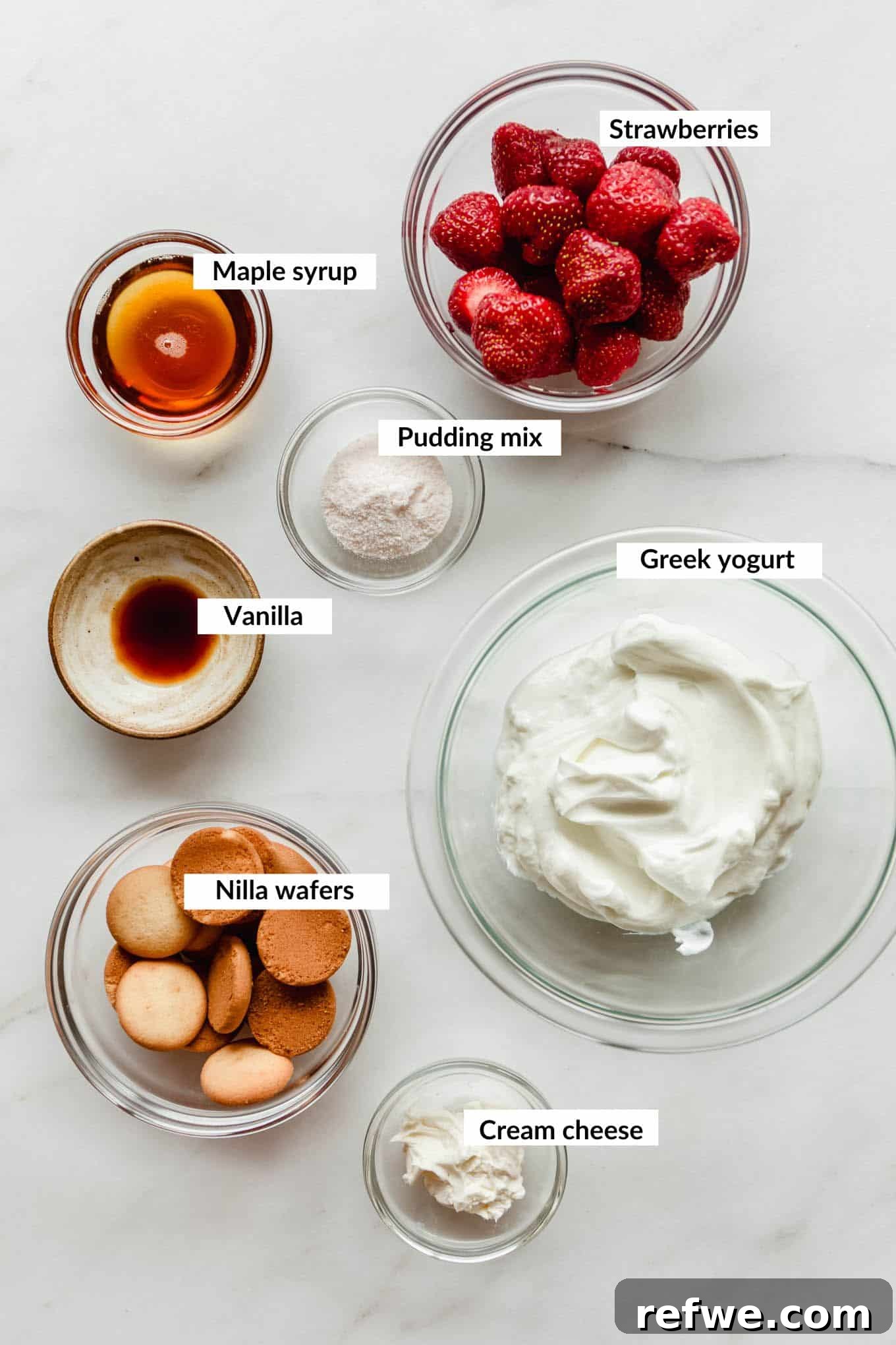 Mini Strawberry Cheesecake Pudding Jars 3 Ingredients for strawberry cheesecake pudding jars.
