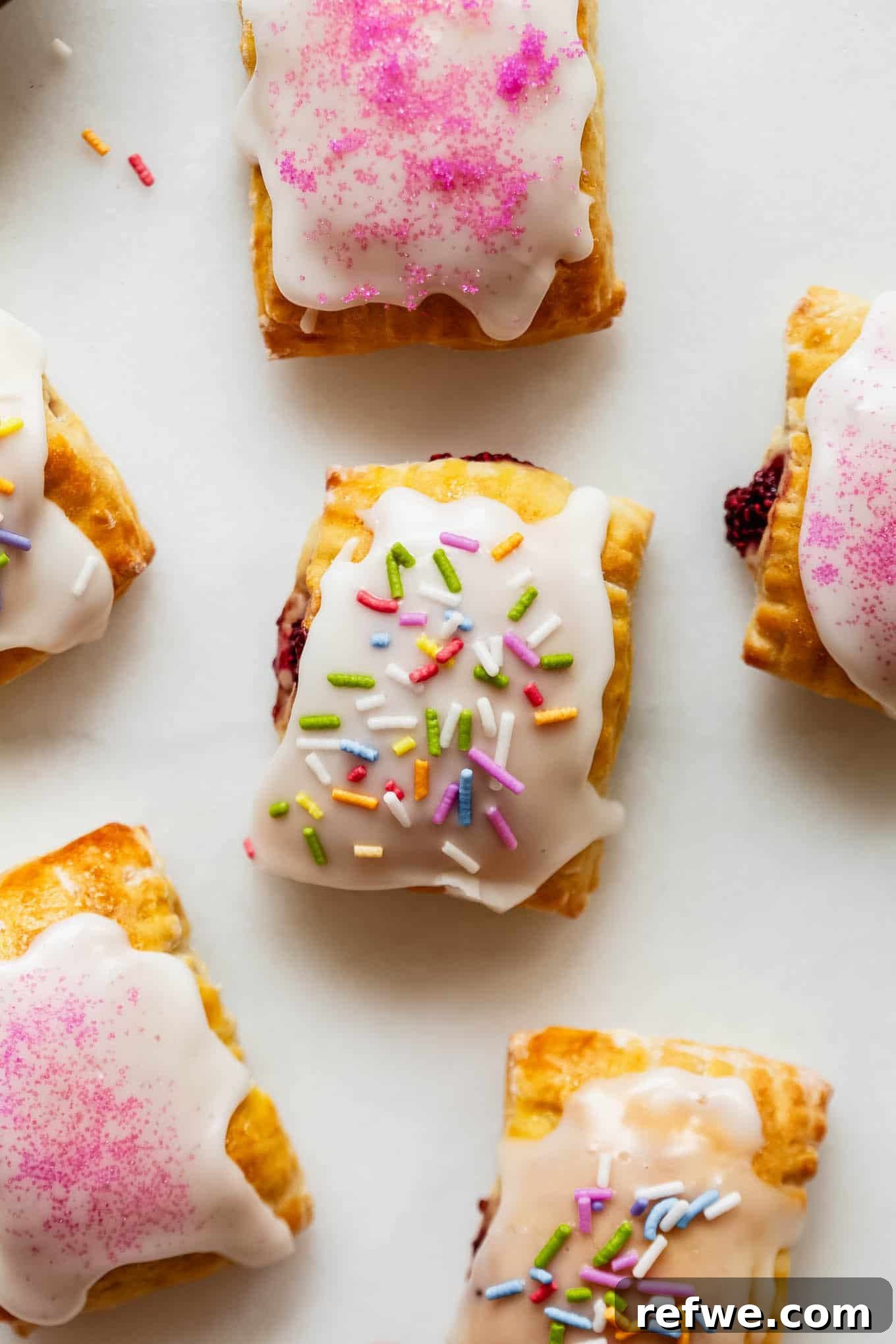 Homemade Cottage Cheese Pop Tarts Recipe 2 Cottage cheese dough pop tarts topped with icing sugar and sprinkles on a marble counter.