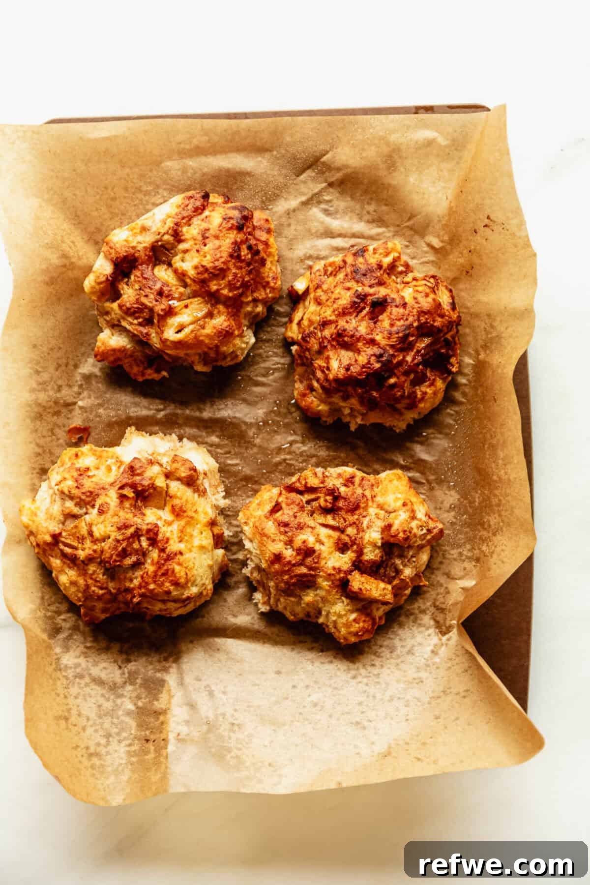 Cottage Cheese Apple Fritters with Maple Cinnamon Glaze 9 Four golden cottage cheese apple fritters fresh out of the air fryer on parchment paper.