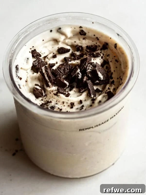 Creamy Greek Yogurt Peanut Butter Mousse Recipe 11 Cookies and cream Ninja Creami topped with crushed Oreo cookies.