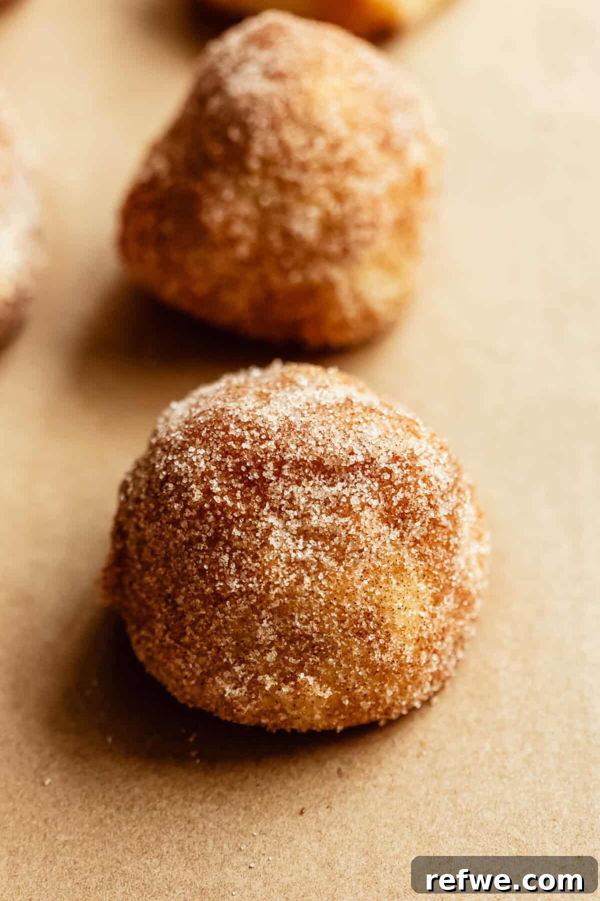 Baked Cottage Cheese Donut Holes Recipe 11 A close-up of two cinnamon sugar coated donut holes sitting on parchment paper.