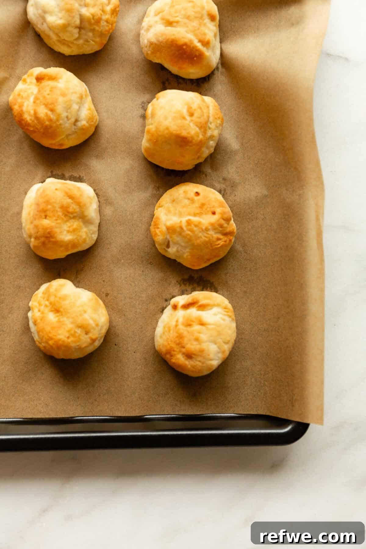 Baked Cottage Cheese Donut Holes Recipe 9 Rows of freshly baked golden brown donut holes on a parchment-lined baking sheet.
