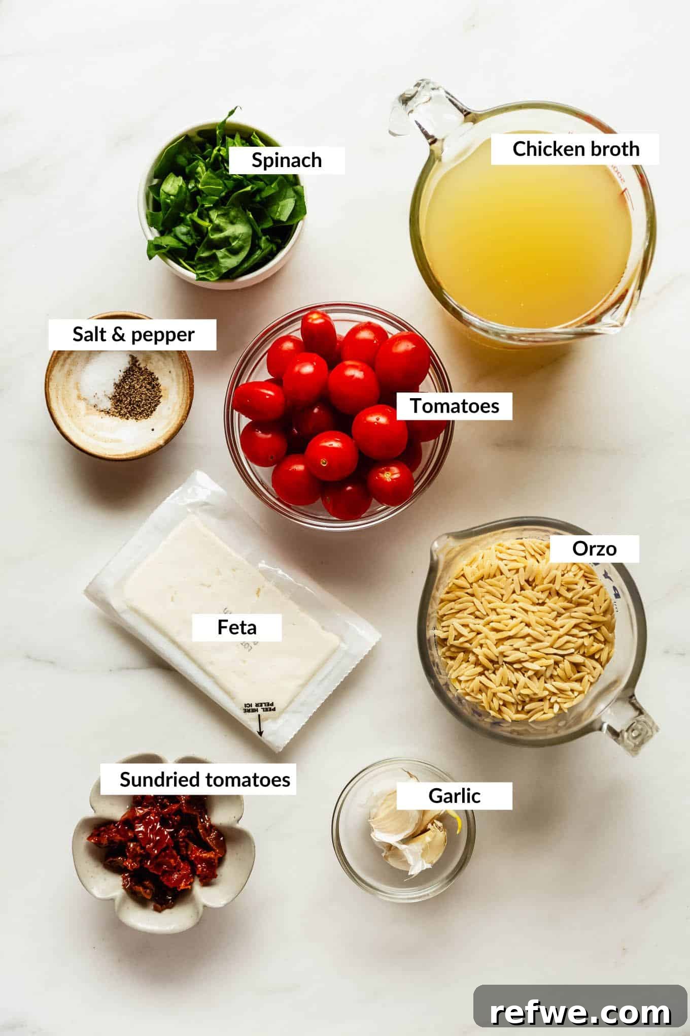 Creamy Baked Feta Orzo with Cherry Tomatoes and Spinach 3 Ingredients for tomato feta orzo.